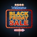 Neon sign black friday sale open. Vintage electric signboard. Royalty Free Stock Photo
