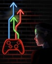 A neon sign on a brick wall shows a video game controller with neon arrows coming out of the top