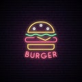 Neon sign of Burger. Neon cafe emblem, bright banner.