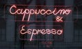 Neon sign (cappuccino & espresso) outside a cafe