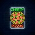 Neon sign of cheezy pizza. Italian pizza with tomatos and cheese. Cafe menu item. Vector illustration Royalty Free Stock Photo