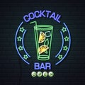 Neon sign cocktail bar on brick wall background. Vintage electric signboard Royalty Free Stock Photo