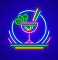 Neon sign cocktail in glass with peppermint