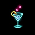 Neon sign of cocktail in glowing glass on black background. Fluorescent bright signboard with party drink. Illuminated Royalty Free Stock Photo