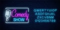 Neon sign of comedy show with retro microphone symbol with alphabet. Humor monolog stand up glowing signboard