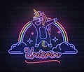 Neon sign dabbing unicorn with rainbow. Vintage electric signboard