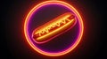 Neon sign displaying a stylized hot dog with mustard inside overlapping concentric