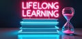 Neon sign displays lifelong learning above stacked books with hourglass. Education concept involves continuous development. Modern Royalty Free Stock Photo