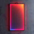 A neon sign in electric blue and magenta hangs on a wooden wall Royalty Free Stock Photo