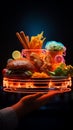 A neon sign entices with delicious food, drawing you in with open hand