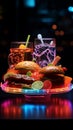 A neon sign entices with delicious food, drawing you in with open hand