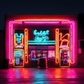 Neon sign of a fast food restaurant in the night. Neon signboard in the shape of a house. Generative AI Generative AI