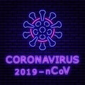 Neon sign in the form of a coronavirus against a brick wall with a shadow. For your design. Violet and blue colors.