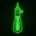 A neon sign in the form of an Edison lamp, a large teardrop shape. In green color. Royalty Free Stock Photo