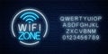 Neon sign of free wifi zone in circle frame with alphabet. Wireless connection free access in cafe, night club or bar