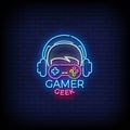 Neon Sign gamer geek with brick wall background vector