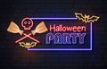 Neon sign halloween party with skull and wich broom. Vintage electric signboard