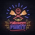 Neon sign halloween party with skull and wich broom. Vintage electric signboard