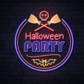 Neon sign halloween party with skull and wich broom. Vintage electric signboard