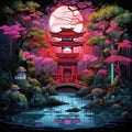 A neon sign-inspired image of a Japanese tea garden