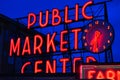 A neon sign marks the Pike Place Market, Seattle Royalty Free Stock Photo