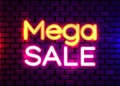 Neon sign, Mega Sale on dark background. Discount Background for your design, greeting card, banner.