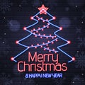 Neon sign merry christmas and happy new year on brick wall background.
