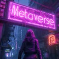 Neon sign Metaverse in cyberpunk city at night, hooded woman or girl on dark futuristic street in rain, person in virtual reality Royalty Free Stock Photo