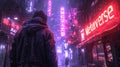 Neon sign Metaverse on cyberpunk city street, man walks in dark futuristic town in rain. Concept of future, virtual reality, game Royalty Free Stock Photo