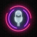 Neon sign with microphone in round frame. Nightclub with live music icon.