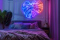 Neon sign monstera in decor of bedroom in modern apartment