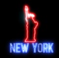 Neon sign of New York and Statue of Liberty. Creative glowing led light and symbol of USA