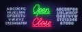 Neon sign open and close on brick wall background. Royalty Free Stock Photo