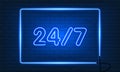 Neon sign Open 24 7 hours in frame on brick wall background. Vintage electric signboard with bright neon lights. Blue light falls Royalty Free Stock Photo