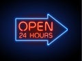 Neon sign Open 24 7 light vector background. Royalty Free Stock Photo