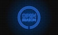 Neon sign open season in a circle on brick wall background. Blue. Vector Royalty Free Stock Photo