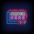 Neon Sign order here with Brick Wall Background Vector Royalty Free Stock Photo