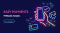 Neon sign of payment by credit card via electronic wallet wirelessly and easy. Bright vector neon light illustration