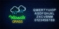 Neon sign of raining clouds and plot of grass. Lawn irrigation concept in neon style. Vector illustration