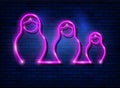 Neon sign Russian nesting dolls matrioska, set lighted sign icon symbol of Russia. Pink set neon Matryoshka fashion style, vector