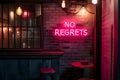 A neon sign that says NO REGRETS on a brick wall