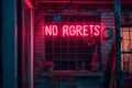A neon sign that says NO REGRETS on a brick wall