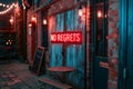 A neon sign that says NO REGRETS on a wall