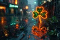 Neon sign of shamrock clover on dark city street. Saint Patrick's Day. AI generated. Generative AI