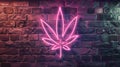 Simplified weed leaf-shaped neon sign on a brick wall, adding a touch of urban flair. Ai Generated