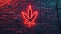 Simplified weed leaf-shaped neon sign on a brick wall, adding a touch of urban flair. Ai Generated