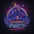 Neon sign singing unicorn party with fluorescent tropic leaves. Vintage electric signboard