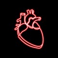 Neon sign single continuous line art anatomical human heart silhouette. Healthy medicine concept design neon glow red Royalty Free Stock Photo