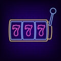 Neon sign of slot machine with lucky sevens jackpot. Casino gaming machine - night light neon signboard. Vector.