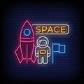 Neon Sign space astronout with brick wall background vector